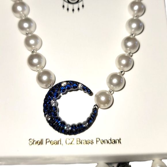 Eye Candy The Luxe Collection Blue and White CZ Moon Round Shell Pearls 18" - Picture 7 of 9